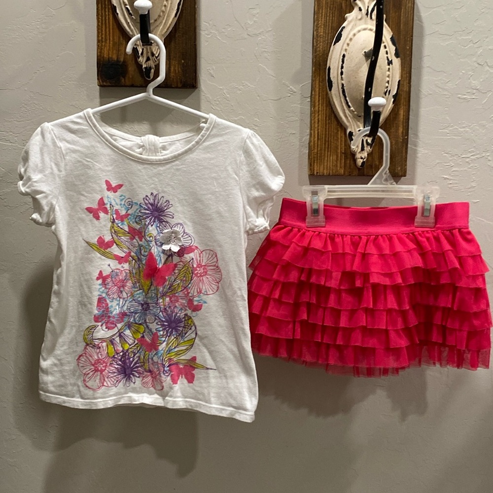 Butterfly Tee w/Ruffle Mesh Skirt, Girls size 6X, Hot Pink